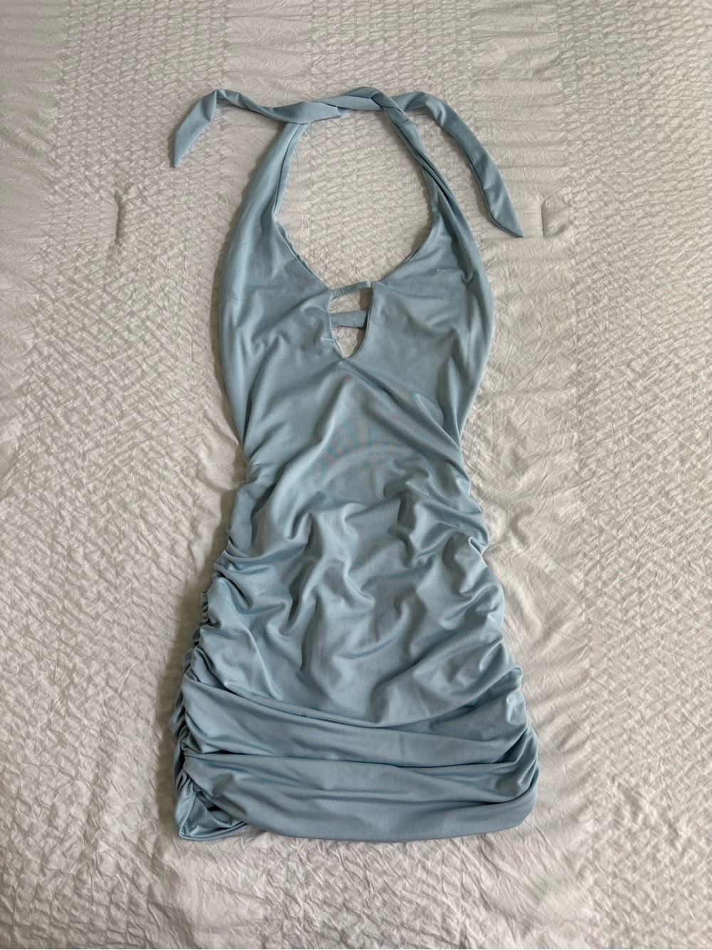 Halter Ruched Light Blue Mini Dress